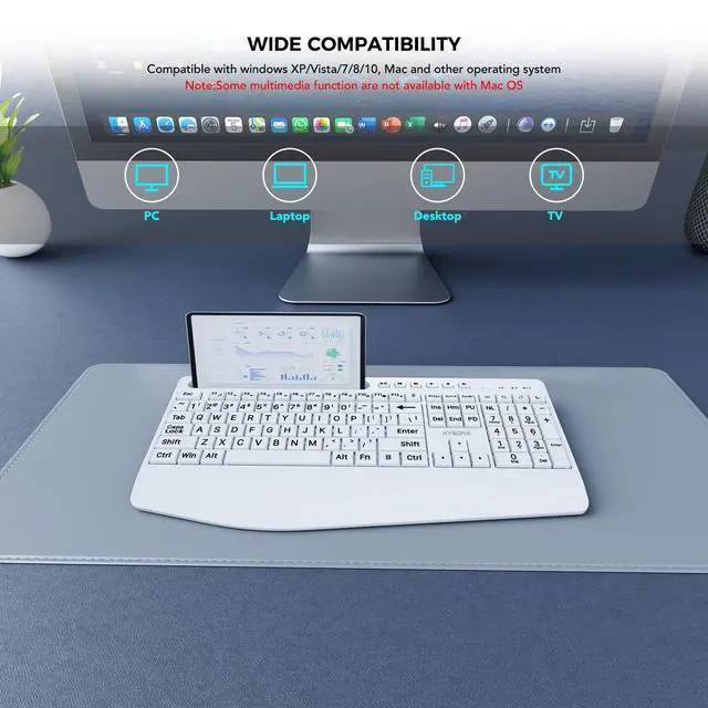Alt view image 6 of 6 - Large Print Wireless Keyboard, Full Size Cordless Computer Keyboard with Phone Holder, Palm Rest, Ergonomic Tilt Angle, 2.4G Plug-and-Play, Compatible with Tablet/Windows/Laptop/PC, White