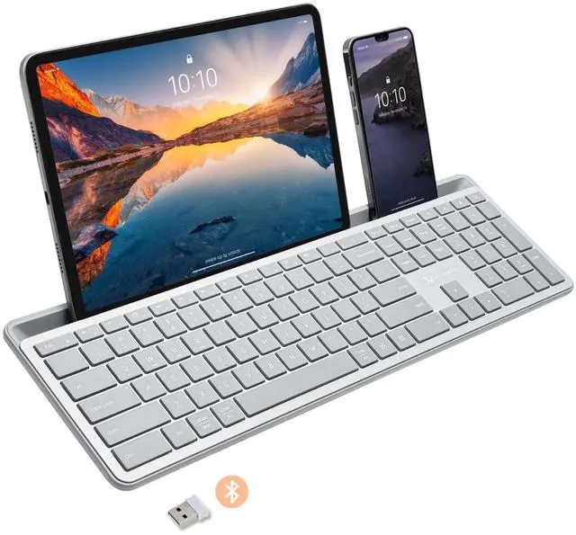 Main image of Full-Size Bluetooth Keyboard with Phone Holder Backlit Wireless Keyboard, Switch Multi-Device, Slim, Quiet, Rechargeable, w/Copilot AI for PC, Mac, iOS & Android (Silver)