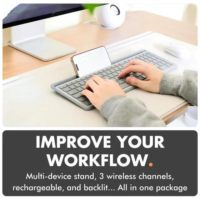 Alt view image 2 of 7 - Full-Size Bluetooth Keyboard with Phone Holder Backlit Wireless Keyboard, Switch Multi-Device, Slim, Quiet, Rechargeable, w/Copilot AI for PC, Mac, iOS & Android (Silver)