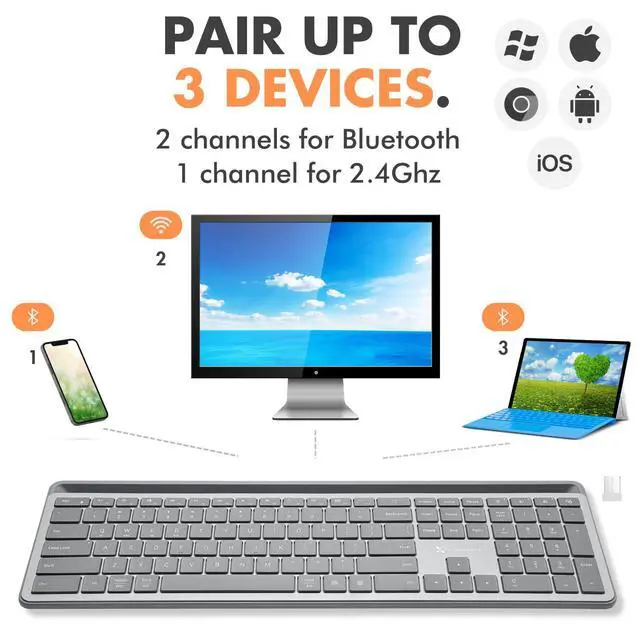Alt view image 4 of 7 - Full-Size Bluetooth Keyboard with Phone Holder Backlit Wireless Keyboard, Switch Multi-Device, Slim, Quiet, Rechargeable, w/Copilot AI for PC, Mac, iOS & Android (Silver)