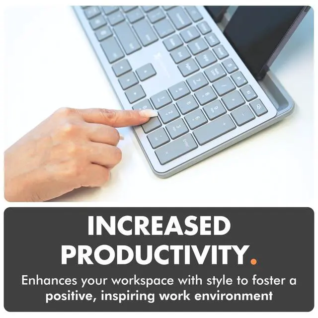 Alt view image 5 of 7 - Full-Size Bluetooth Keyboard with Phone Holder Backlit Wireless Keyboard, Switch Multi-Device, Slim, Quiet, Rechargeable, w/Copilot AI for PC, Mac, iOS & Android (Silver)