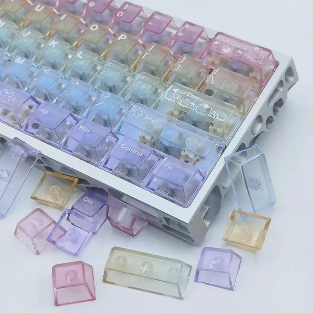 Alt view image 2 of 7 - 115 Keys Rainbow Keycaps, PC Translucnt Backlit Custom Keycap Set for Cherry Profile, Cute Frosted Clear Key Caps for MX Switches Mechanical Gaming Keyboard