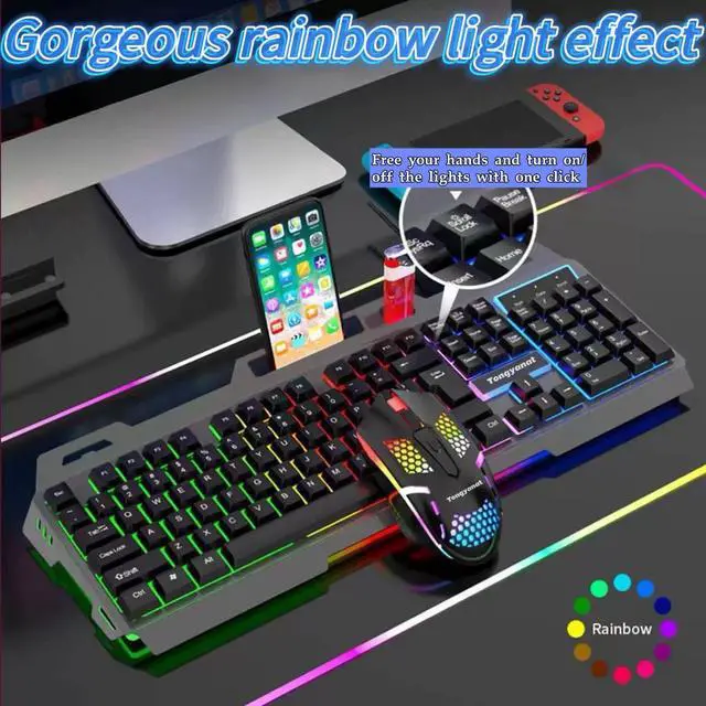 Alt view image 4 of 6 - Wired RGB Gaming Keyboard, 2.4G Rechargeable Mechanical Feel Keyboard with Rainbow Backlight, Ergonomic PC Keyboard, Compatible with Windows, Mac, Laptop, Desktop, Computer (Black)