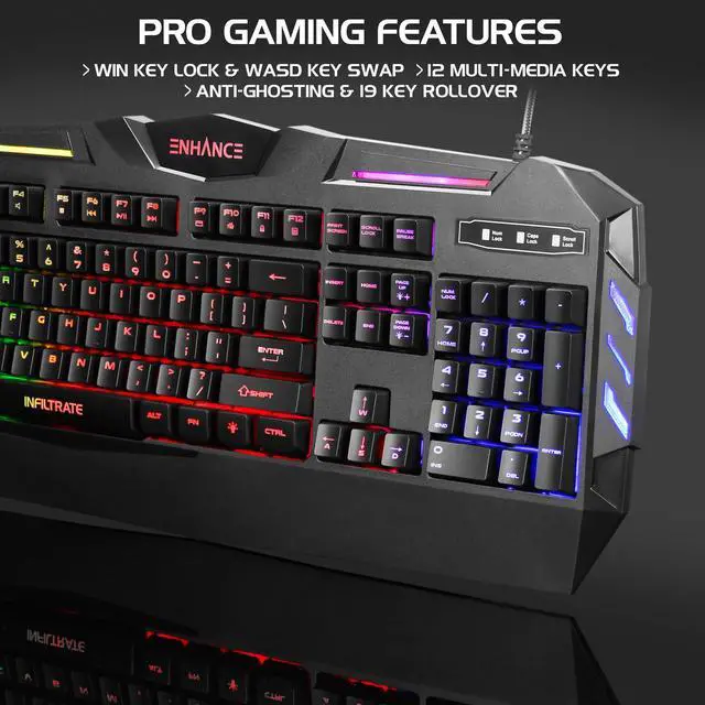 Alt view image 2 of 7 - Infiltrate KL1 LED Gaming Keyboard - Multi Color Backlit Keyboard with 2 Lighting Modes, Spill Resistant Design, USB Braided Cable - 19 Key Rollover, Anti-Ghosting, & Multimedia Keys