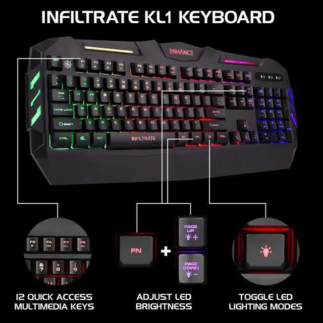 Alt view image 4 of 7 - Infiltrate KL1 LED Gaming Keyboard - Multi Color Backlit Keyboard with 2 Lighting Modes, Spill Resistant Design, USB Braided Cable - 19 Key Rollover, Anti-Ghosting, & Multimedia Keys