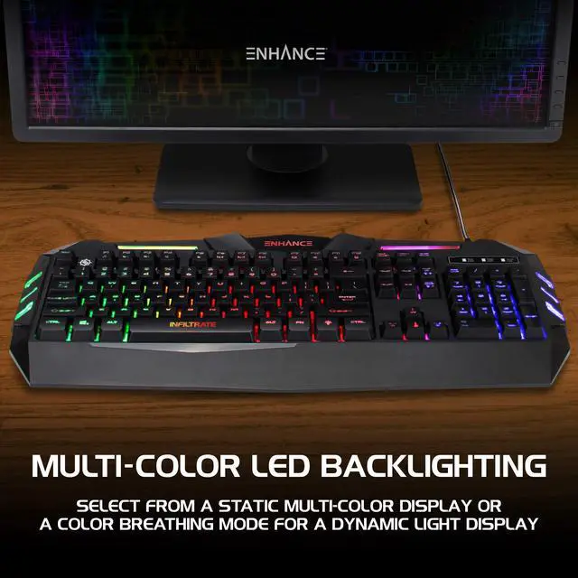 Alt view image 5 of 7 - Infiltrate KL1 LED Gaming Keyboard - Multi Color Backlit Keyboard with 2 Lighting Modes, Spill Resistant Design, USB Braided Cable - 19 Key Rollover, Anti-Ghosting, & Multimedia Keys