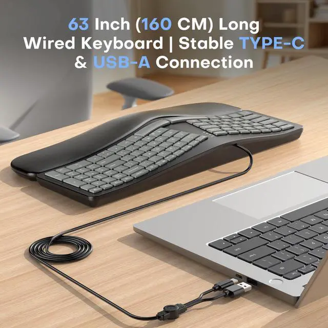 Alt view image 3 of 7 - USB-A Type-C Ergonomic Keyboard Split with Cushioned Wrist Rest