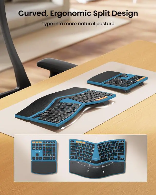 Alt view image 2 of 7 - Wireless Ergonomic Keyboard with Separate Number Pad - Blue