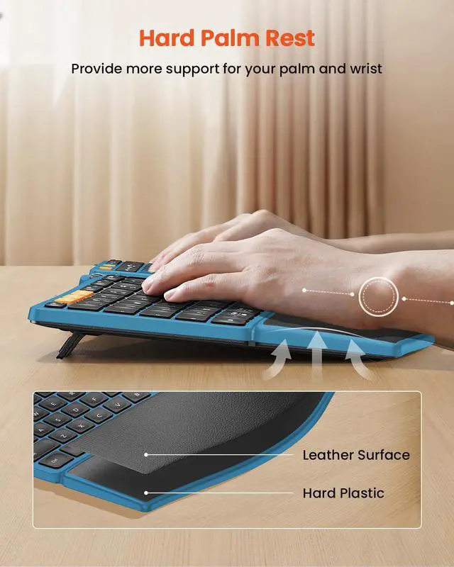 Alt view image 3 of 7 - Wireless Ergonomic Keyboard with Separate Number Pad - Blue