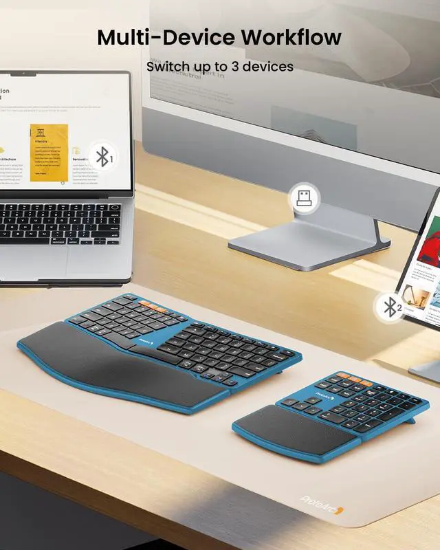 Alt view image 4 of 7 - Wireless Ergonomic Keyboard with Separate Number Pad - Blue