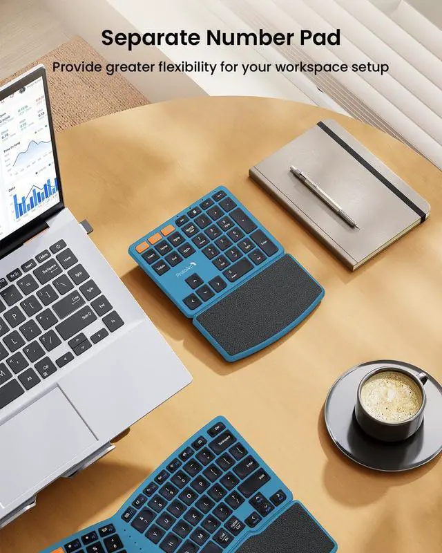 Alt view image 5 of 7 - Wireless Ergonomic Keyboard with Separate Number Pad - Blue