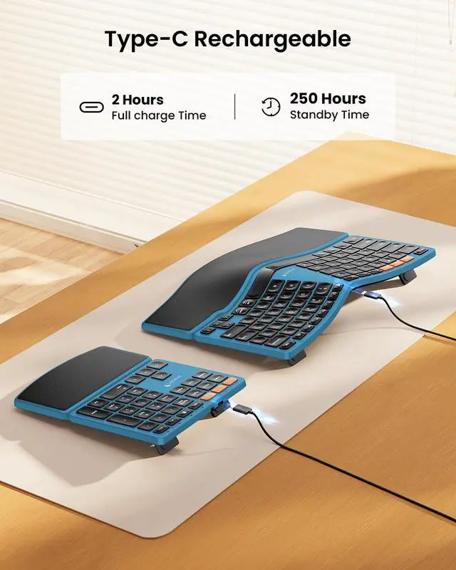 Alt view image 6 of 7 - Wireless Ergonomic Keyboard with Separate Number Pad - Blue