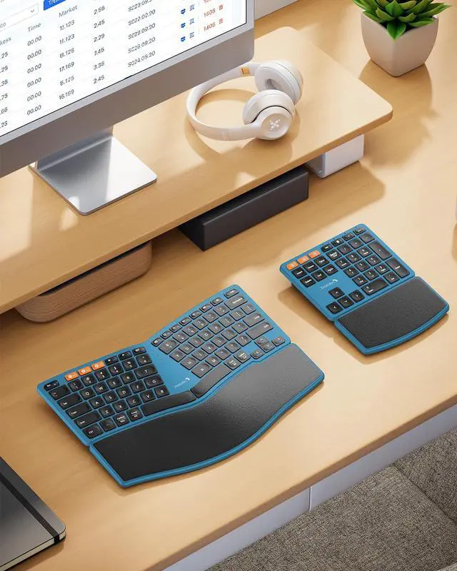 Alt view image 7 of 7 - Wireless Ergonomic Keyboard with Separate Number Pad - Blue
