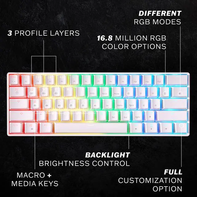 Alt view image 2 of 6 - Gaming GK61 Mechanical Gaming Keyboard 60 Percent | 61 RGB Rainbow LED Backlit Programmable Keys | USB Wired | for Mac and Windows PC | Hotswap Gateron Optical Red Switches | White