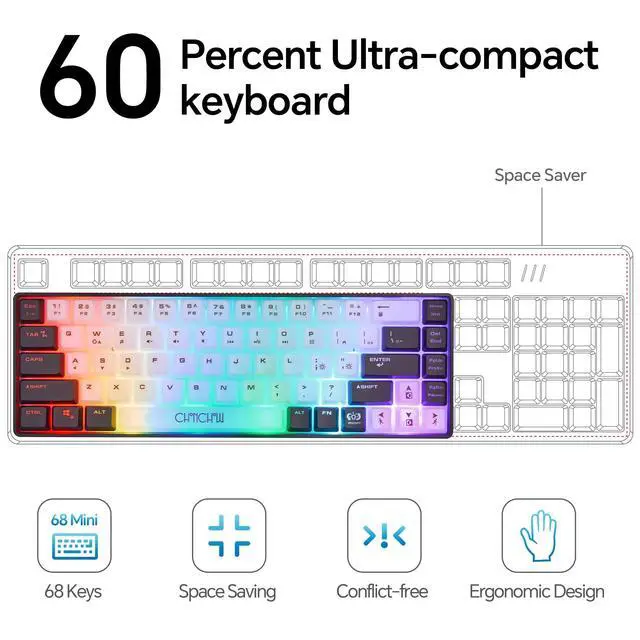 Alt view image 2 of 7 - Mini RGB 60% Gaming Keyboard, 68 Keys Small Compact