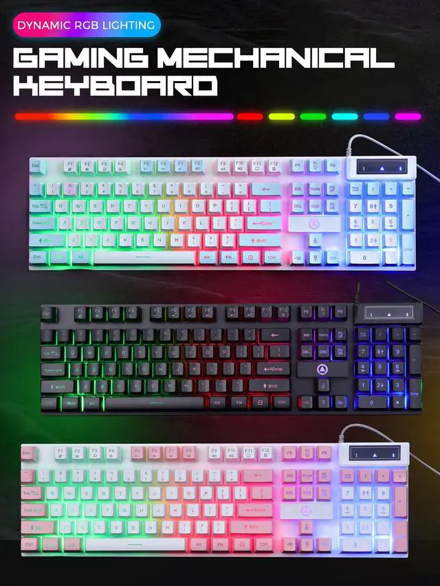 Alt view image 3 of 7 - Wired Gaming Keyboard, 104 Keys Rainbow LED Backlit Computer Keyboard with Tactile Mechanical Feel, Double Illumination, Ergonomic Floating Keycaps, Spill-Resistant for PC Mac Gamer Work