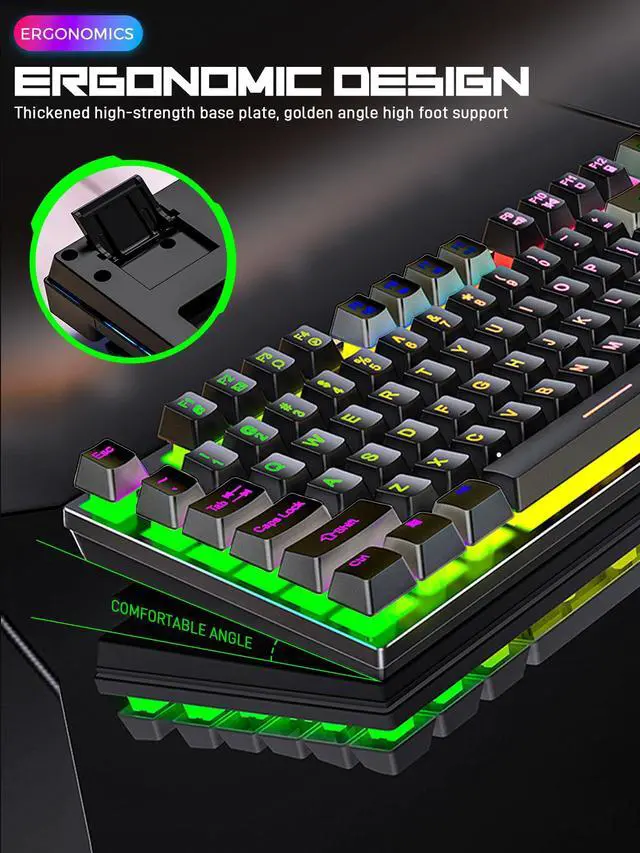 Alt view image 4 of 7 - Wired Gaming Keyboard, 104 Keys Rainbow LED Backlit Computer Keyboard with Tactile Mechanical Feel, Double Illumination, Ergonomic Floating Keycaps, Spill-Resistant for PC Mac Gamer Work