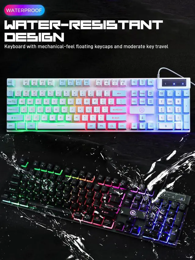 Alt view image 6 of 7 - Wired Gaming Keyboard, 104 Keys Rainbow LED Backlit Computer Keyboard with Tactile Mechanical Feel, Double Illumination, Ergonomic Floating Keycaps, Spill-Resistant for PC Mac Gamer Work