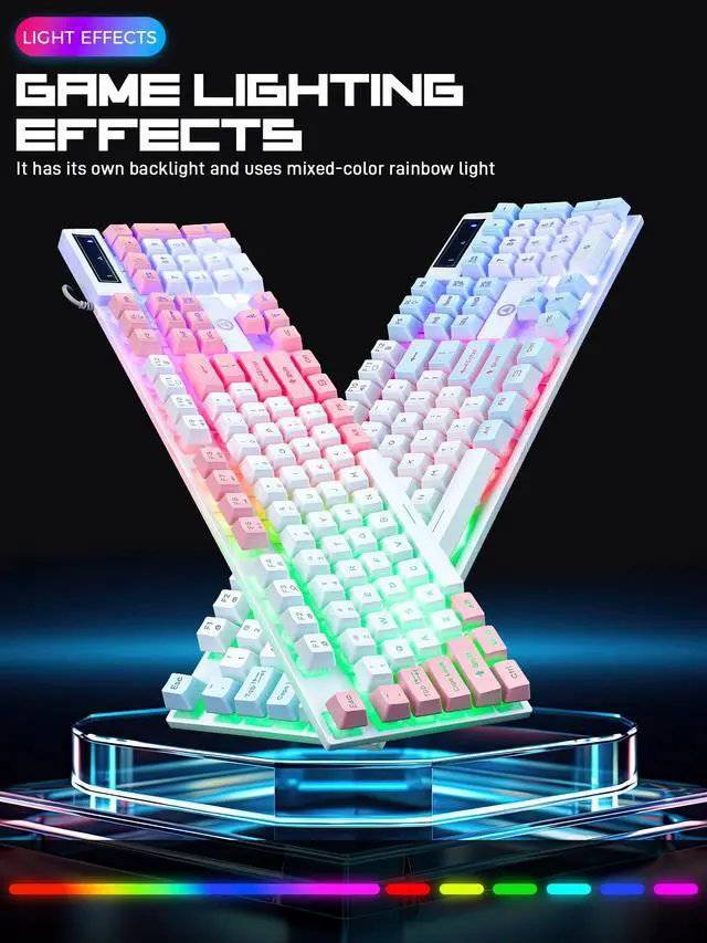 Alt view image 5 of 7 - Wired Gaming Keyboard, 104 Keys Rainbow LED Backlit Computer Keyboard with Tactile Mechanical Feel, Double Illumination, Ergonomic Floating Keycaps, Spill-Resistant for PC Mac Gamer Work