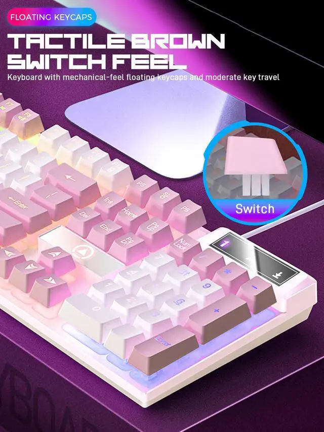 Alt view image 7 of 7 - Wired Gaming Keyboard, 104 Keys Rainbow LED Backlit Computer Keyboard with Tactile Mechanical Feel, Double Illumination, Ergonomic Floating Keycaps, Spill-Resistant for PC Mac Gamer Work