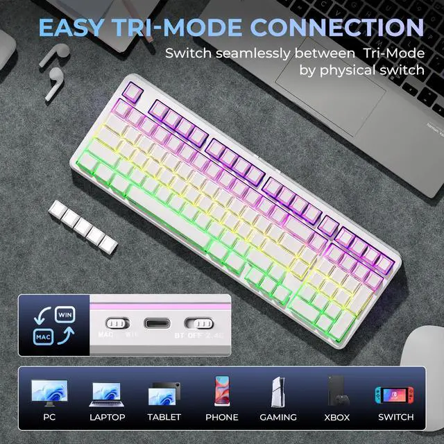 Alt view image 3 of 7 - XVX M98 Wireless Mechanical Keyboard,Stripes RGB with Shine-Through Keycaps