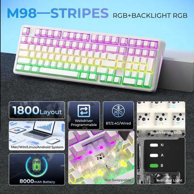 Alt view image 2 of 7 - XVX M98 Wireless Mechanical Keyboard,Stripes RGB with Shine-Through Keycaps