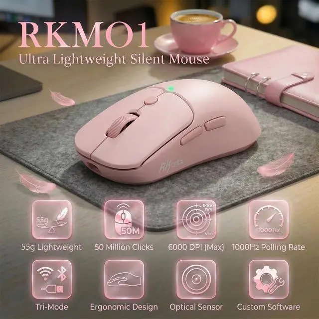 Alt view image 2 of 7 - MO1 Wireless Mouse, 55g Ultra-Lightweight Computer Mice, 6 Programmable Buttons, 2.4GHz/Bluetooth/Wired, 6000 DPI Optical Sensor, Pink