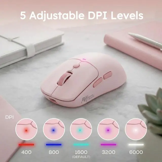 Alt view image 5 of 7 - MO1 Wireless Mouse, 55g Ultra-Lightweight Computer Mice, 6 Programmable Buttons, 2.4GHz/Bluetooth/Wired, 6000 DPI Optical Sensor, Pink