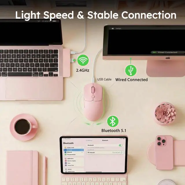 Alt view image 4 of 7 - MO1 Wireless Mouse, 55g Ultra-Lightweight Computer Mice, 6 Programmable Buttons, 2.4GHz/Bluetooth/Wired, 6000 DPI Optical Sensor, Pink