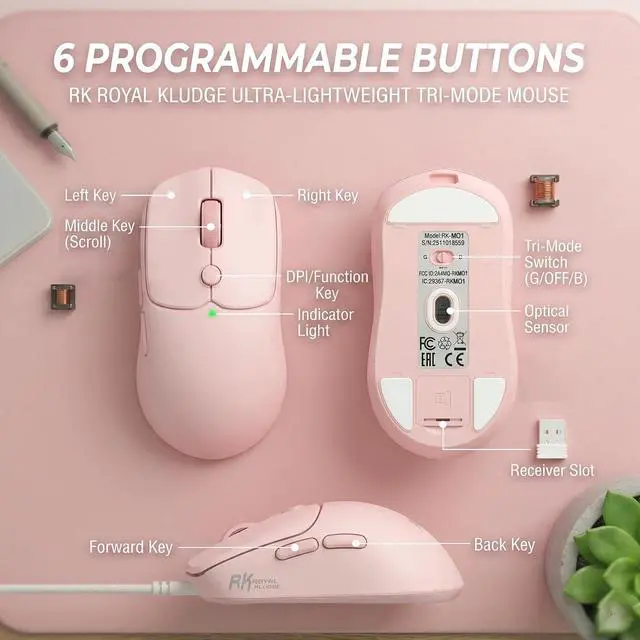 Alt view image 7 of 7 - MO1 Wireless Mouse, 55g Ultra-Lightweight Computer Mice, 6 Programmable Buttons, 2.4GHz/Bluetooth/Wired, 6000 DPI Optical Sensor, Pink
