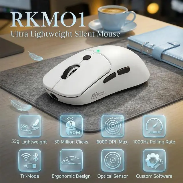 Alt view image 2 of 7 - MO1 Wireless Mouse, 55g Ultra-Lightweight Computer Mice, 6 Programmable Buttons, 2.4GHz/Bluetooth/Wired, 6000 DPI Optical Sensor, White