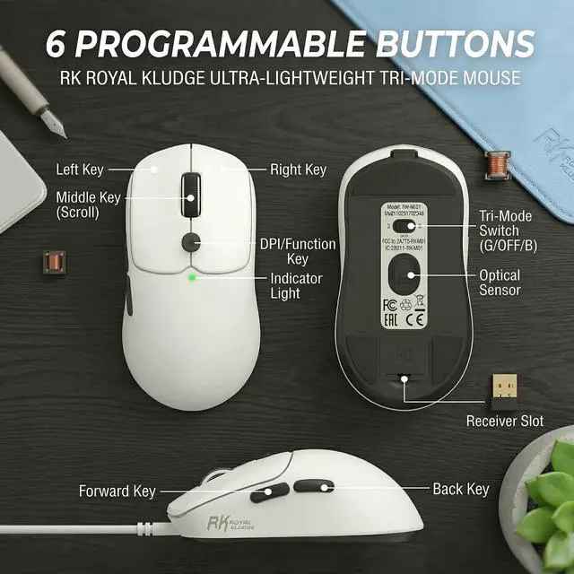 Alt view image 6 of 7 - MO1 Wireless Mouse, 55g Ultra-Lightweight Computer Mice, 6 Programmable Buttons, 2.4GHz/Bluetooth/Wired, 6000 DPI Optical Sensor, White
