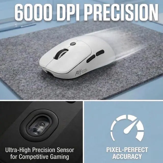 Alt view image 7 of 7 - MO1 Wireless Mouse, 55g Ultra-Lightweight Computer Mice, 6 Programmable Buttons, 2.4GHz/Bluetooth/Wired, 6000 DPI Optical Sensor, White