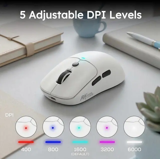 Alt view image 5 of 7 - MO1 Wireless Mouse, 55g Ultra-Lightweight Computer Mice, 6 Programmable Buttons, 2.4GHz/Bluetooth/Wired, 6000 DPI Optical Sensor, White