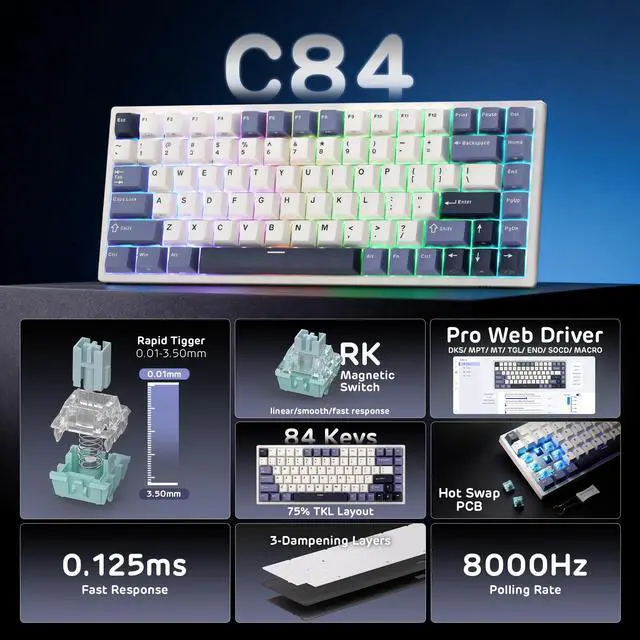 Alt view image 2 of 7 - C84 HE RGB Gaming Keyboard, Hall Effect Magnetic Switch