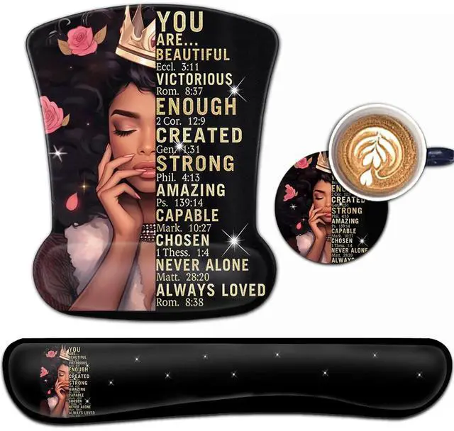 Main image of Keyboard Wrist Rest and Mouse Pad Wrist Support Set, Ergonomic Gel Mouse Pad Wrist Rest with Non-Slip Base for Home Office Desk Pad, African American Women Black Girl Black Gaming Mouse Mat