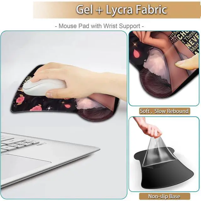 Alt view image 4 of 7 - Keyboard Wrist Rest and Mouse Pad Wrist Support Set, Ergonomic Gel Mouse Pad Wrist Rest with Non-Slip Base for Home Office Desk Pad, African American Women Black Girl Black Gaming Mouse Mat