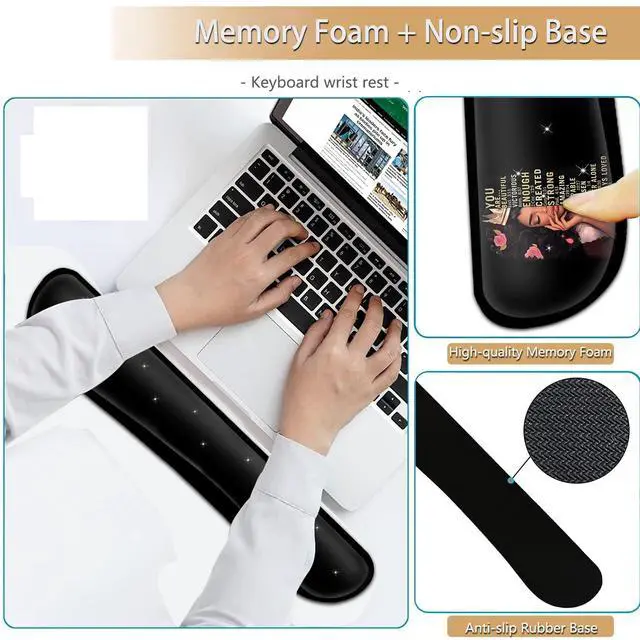 Alt view image 5 of 7 - Keyboard Wrist Rest and Mouse Pad Wrist Support Set, Ergonomic Gel Mouse Pad Wrist Rest with Non-Slip Base for Home Office Desk Pad, African American Women Black Girl Black Gaming Mouse Mat