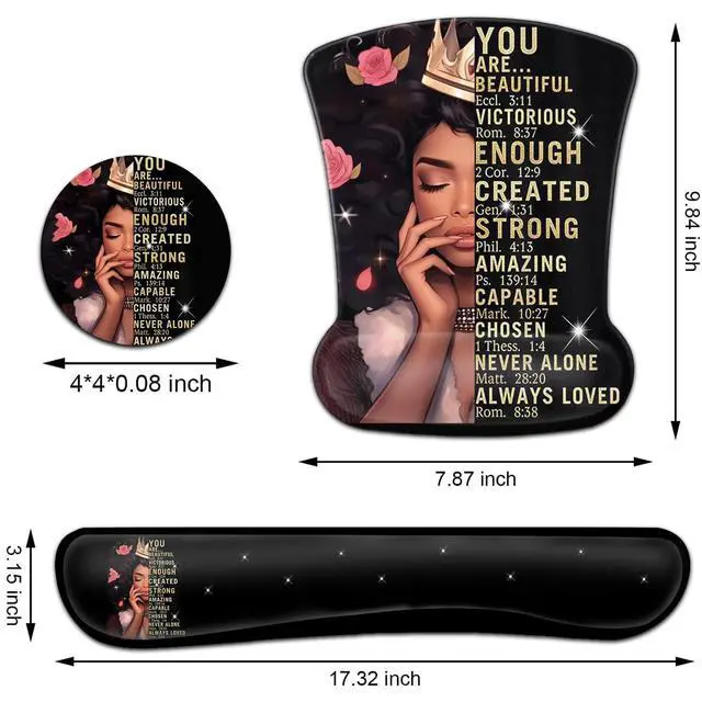 Alt view image 6 of 7 - Keyboard Wrist Rest and Mouse Pad Wrist Support Set, Ergonomic Gel Mouse Pad Wrist Rest with Non-Slip Base for Home Office Desk Pad, African American Women Black Girl Black Gaming Mouse Mat