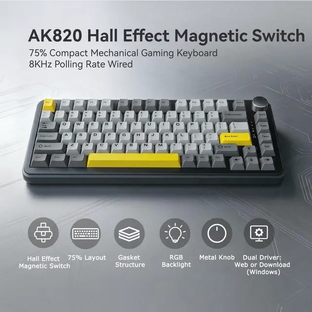 Alt view image 2 of 7 - AJAZZ AK820 HE Wired 75% Gaming Keyboard, Hall Effect Magnetic Switch with Rapid Trigger, 8KHz Polling Rate, Gasket Mount, PBT Keycaps, RGB Backlit, Metal Volume Knob for PC/Mac, Black