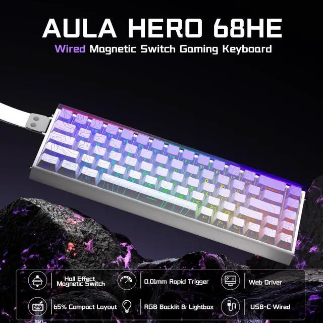 Alt view image 2 of 7 - HERO 68 HE Wired Gaming Keyboard, Hall Effect Keyboard with Magnetic Switch, Rapid Trigger Mode, 8KHz Polling Rate,Side Printed PBT Keycaps, RGB Lightbox&Backlit, 65% Small Keyboards for Gamer/PC