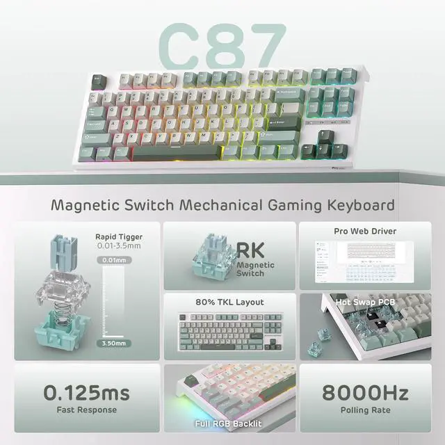 Alt view image 2 of 7 - C87 Hall Effect Mechanical Gaming Keyboard, Magnetic Switch