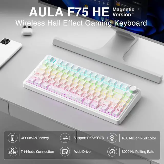 Alt view image 2 of 7 - Aula F75 HE Wireless Gaming Keyboard Hall Effect Magnetic Switch Keyboard