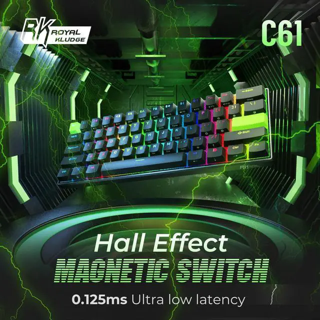 Alt view image 2 of 7 - C61 HE Gaming Keyboard 60% Wired Mechanical Keyboard with Hall Effect Magnetic Switch 8000Hz Polling Rate Rapid Trigger RGB Backlit, 61 Keys, Black Green