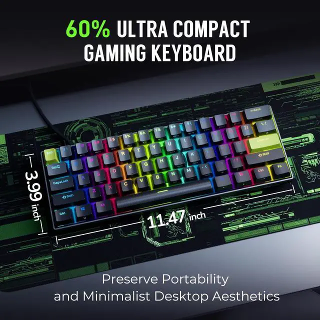 Alt view image 5 of 7 - C61 HE Gaming Keyboard 60% Wired Mechanical Keyboard with Hall Effect Magnetic Switch 8000Hz Polling Rate Rapid Trigger RGB Backlit, 61 Keys, Black Green