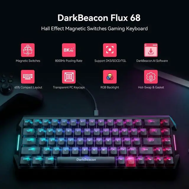 Alt view image 2 of 7 - Flux 68 HE Mechanical Gaming Keyboard Rapid Trigger with Adjustable Actuation 0.01-3.5 mm, Hall Effect Magnetic Switch, 8000Hz Polling, RGB Backlit, 65% Wired Keyboard for PC Laptop Gamer
