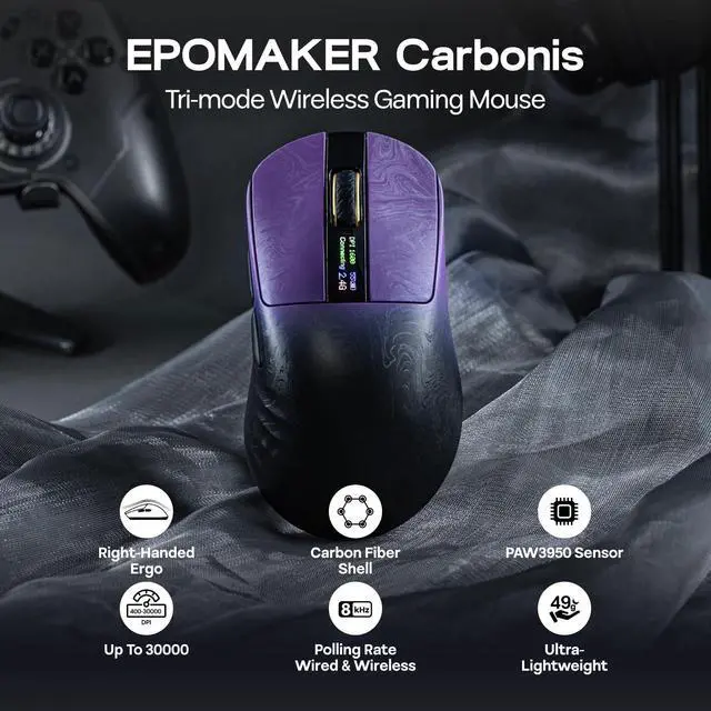 Alt view image 2 of 7 - Carbonis Wireless Gaming Mouse with Digital Display, PAW3950 Sensor, 8K Polling, 30K DPI, Carbon Fiber Composite Shell, Ergonomic Right Hand Esports Mouse for PC Gaming (Black Purple)