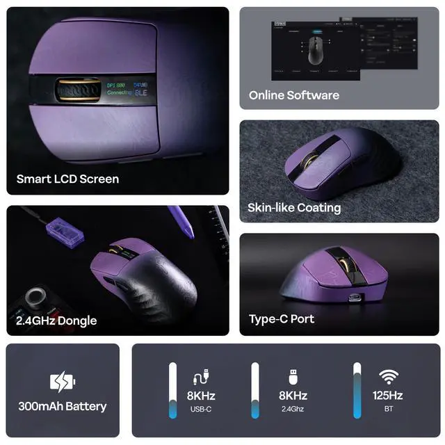 Alt view image 3 of 7 - Carbonis Wireless Gaming Mouse with Digital Display, PAW3950 Sensor, 8K Polling, 30K DPI, Carbon Fiber Composite Shell, Ergonomic Right Hand Esports Mouse for PC Gaming (Black Purple)