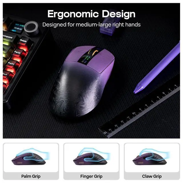 Alt view image 4 of 7 - Carbonis Wireless Gaming Mouse with Digital Display, PAW3950 Sensor, 8K Polling, 30K DPI, Carbon Fiber Composite Shell, Ergonomic Right Hand Esports Mouse for PC Gaming (Black Purple)
