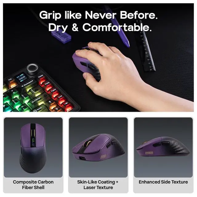Alt view image 6 of 7 - Carbonis Wireless Gaming Mouse with Digital Display, PAW3950 Sensor, 8K Polling, 30K DPI, Carbon Fiber Composite Shell, Ergonomic Right Hand Esports Mouse for PC Gaming (Black Purple)
